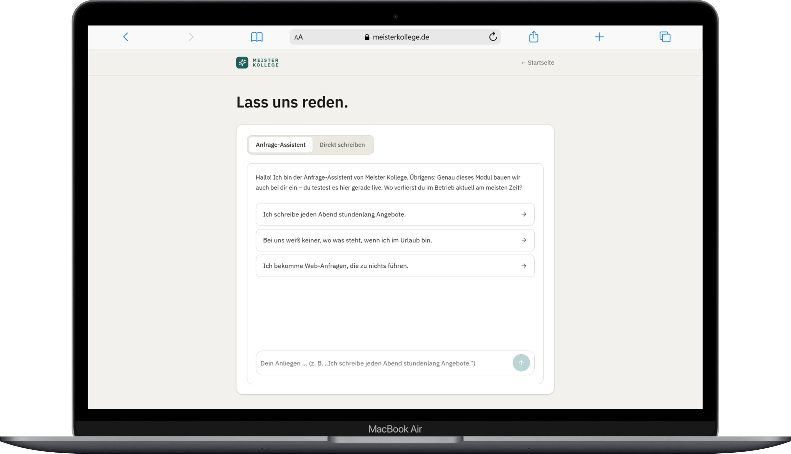 Der Anfrage-Assistent läuft live auf der Kontaktseite von meisterkollege.de