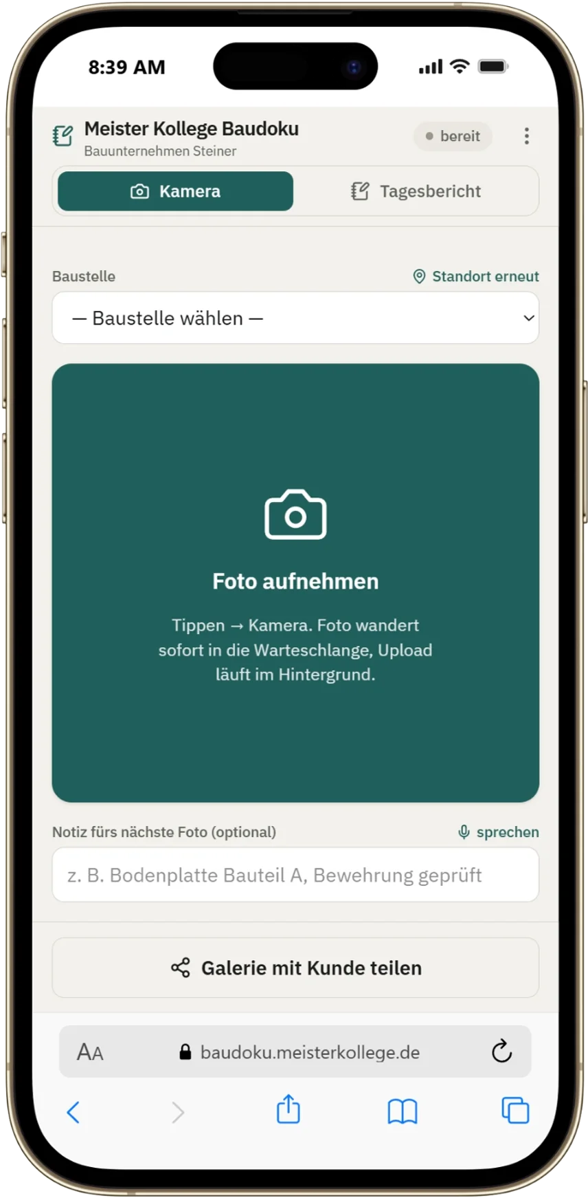 Meister Kollege Baudoku – App-Ansicht